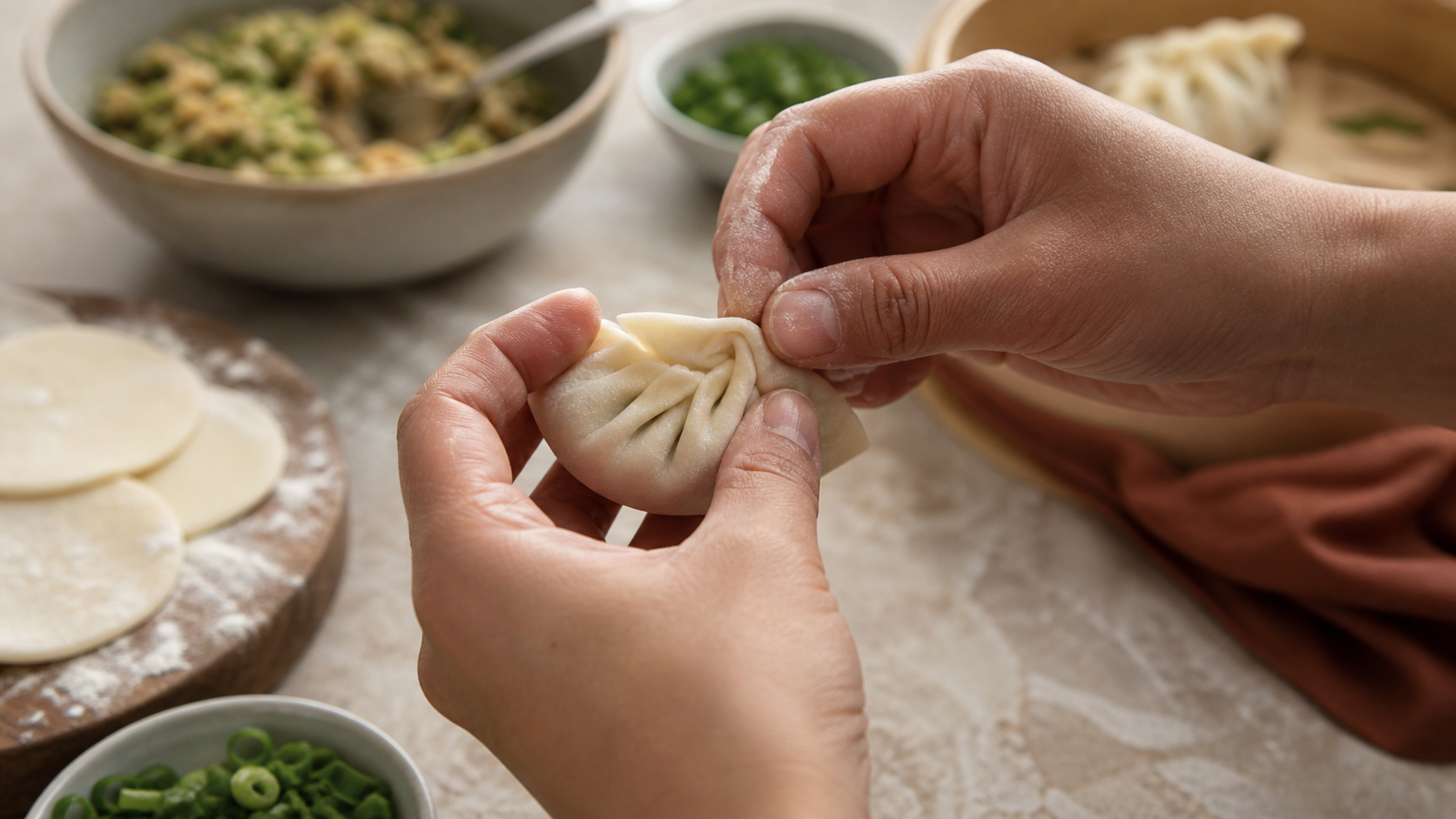 Hands pleating a dumpling