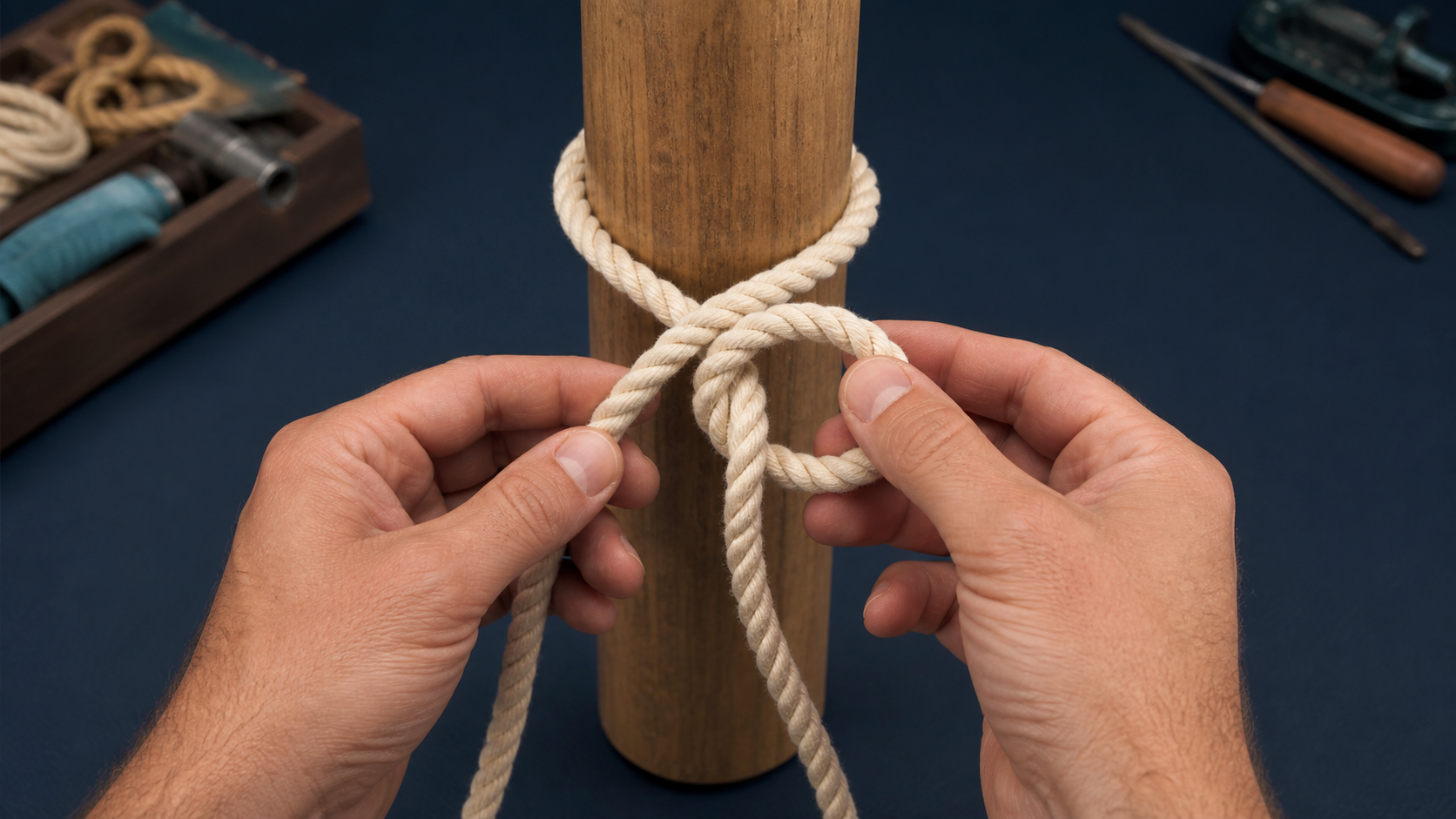 Hands demonstrating a rope knot